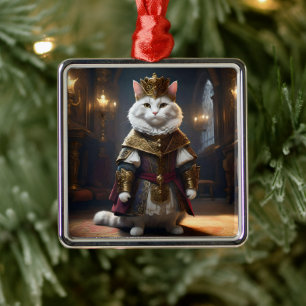 "Majestic Monarch: Regal White Cat in Robes" Julgransprydnad Metall