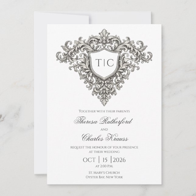 Majestic Monogram Crest Wedding Invitation (Framsida)