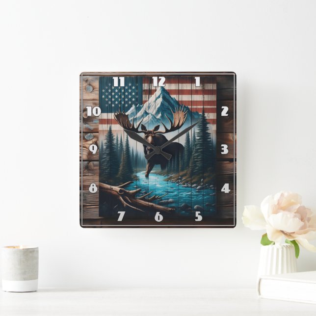 Majestic Moose against American Flagga Background Fyrkantig Klocka (Hem)