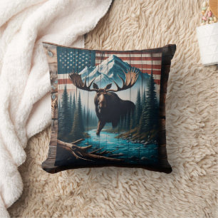 Majestic Moose against American Flagga Background Kudde