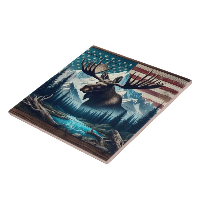 Majestic Moose against Mountain och American Flagg Kakelplatta (Sidan)