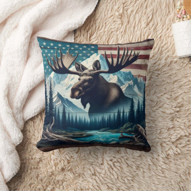 Majestic Moose against Mountain och American Flagg Kudde (Filt)