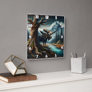 Majestic Moose by Mountain River i Dusk Fyrkantig Klocka