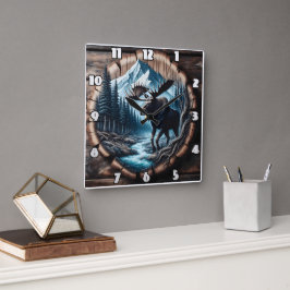 Majestic Moose by Stream in Mountain Ligcape Fyrkantig Klocka