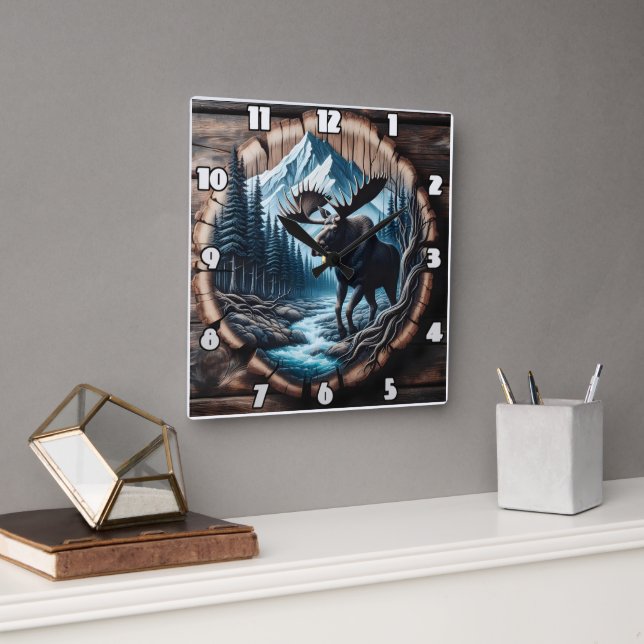 Majestic Moose by Stream in Mountain Ligcape Fyrkantig Klocka (Kontor)