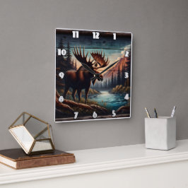 Majestic Moose by Tranquil Mountain Stream Fyrkantig Klocka