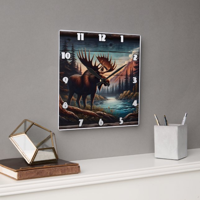 Majestic Moose by Tranquil Mountain Stream Fyrkantig Klocka (Kontor)