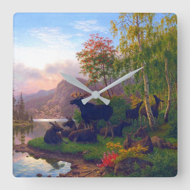 Majestic Moose i en svensk stående höstkupp Fyrkantig Klocka (Framsida)