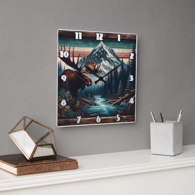 Majestic Moose in Scenia Mountain Landscape Fyrkantig Klocka (Kontor)