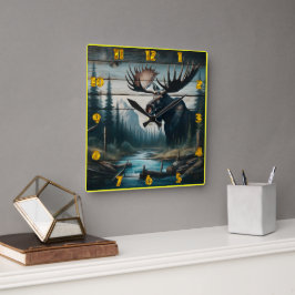 Majestic Moose in Serene Forest Landscape Fyrkantig Klocka