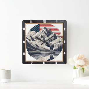Majestic Moose Mountain Patriotic Fyrkantig Klocka