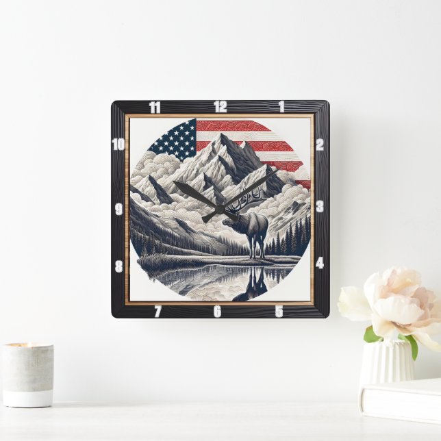 Majestic Moose Mountain Patriotic Fyrkantig Klocka (Hem)