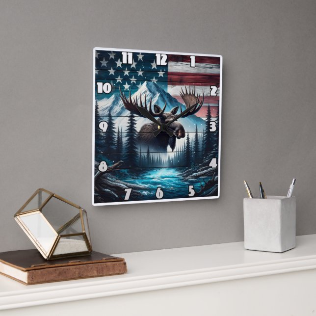 Majestic Moose Overlook American Ligcape Fyrkantig Klocka (Kontor)