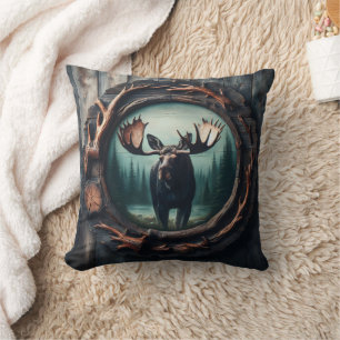 Majestic Moose Porträtt i Rustic Ram Kudde