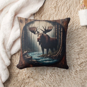 Majestic Moose vid floden i Dense Forest Kudde