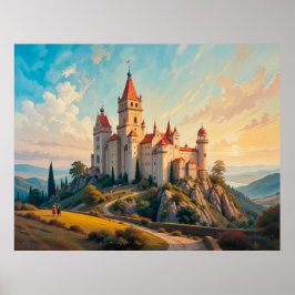 Majestic Mountain Castle vid Sunset i Picturesque Poster