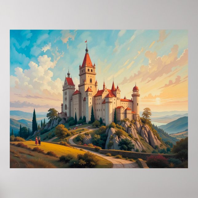 Majestic Mountain Castle vid Sunset i Picturesque Poster (Framsidan)