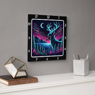 Majestic Neon Hjort Antlers Horizon Fyrkantig Klocka