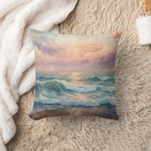 Majestic Ocean Sunset Vågar Watercolor Coastal Kudde