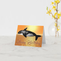 Majestic Orca Orange Ocean Sunset Birthday Card