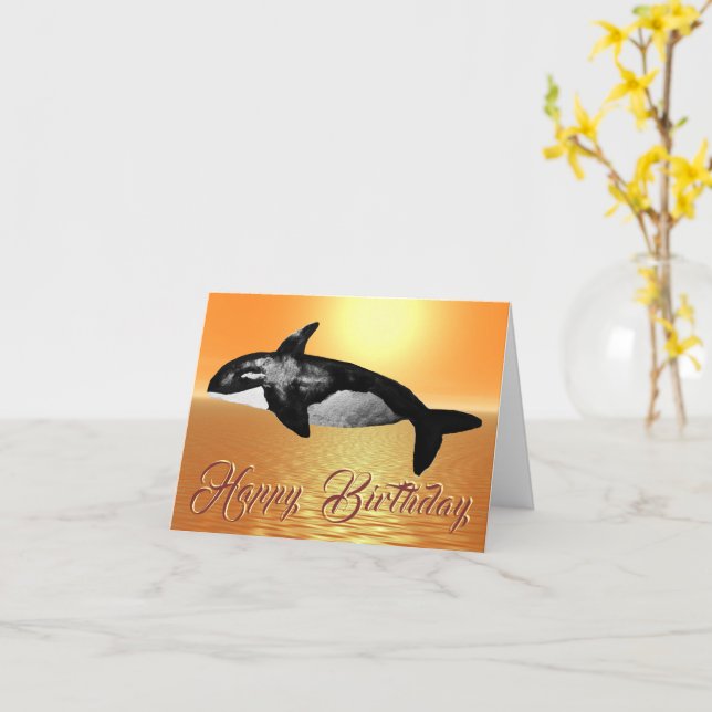 Majestic Orca Orange Ocean Sunset Birthday Card Kort (Gul blomma)