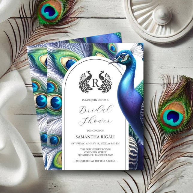 Majestic Peacock Inbjudningskort för möhippa (Bridal shower invitations watercolor peacock and monogram Do Tell A Belle)