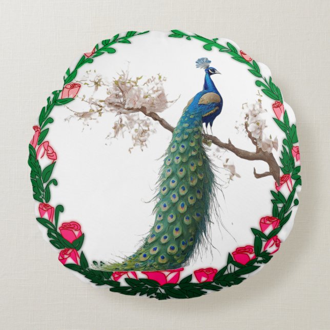"Majestic Peacock Paradise" Rund Kudde (Framsidan)