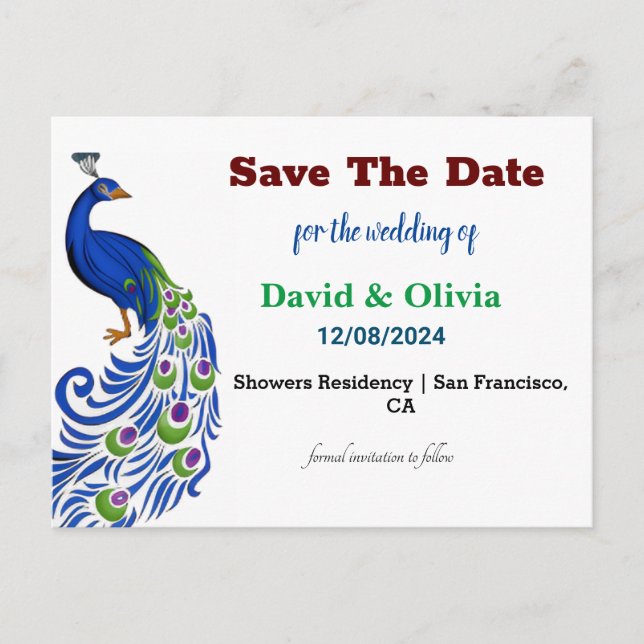 Majestic Peacock Wedding Save The Date Postcard Vykort (Framsida)