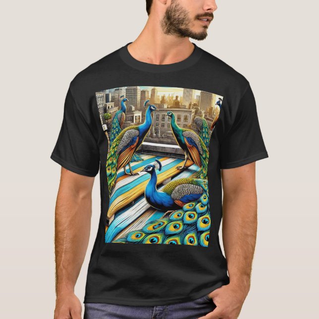 Majestic Peacocks Rooftop Gathering T Shirt (Framsida)