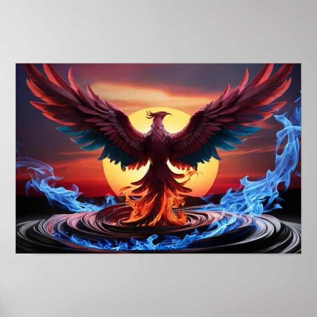 Majestic Phoenix Rising from Fiery Depths Sunset Poster (Framsidan)