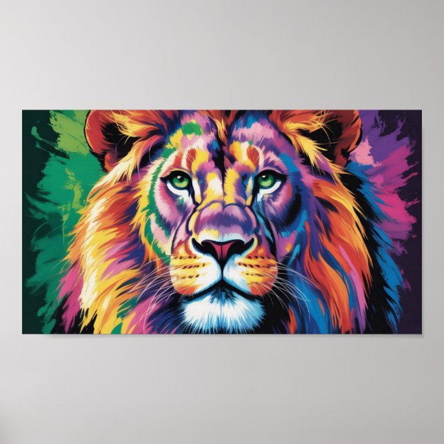 Majestic Rainbow Lejon - Abstrakt Wildlife Porträt Poster (Framsidan)