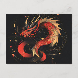Majestic Red and Guld Chinese Dragon Art Helg Vykort