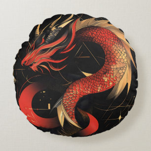 Majestic Red and Guld Chinese Dragon Art Rund Kudde