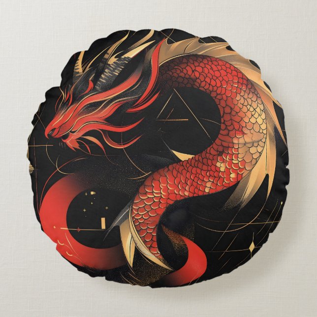 Majestic Red and Guld Chinese Dragon Art Rund Kudde (Framsidan)