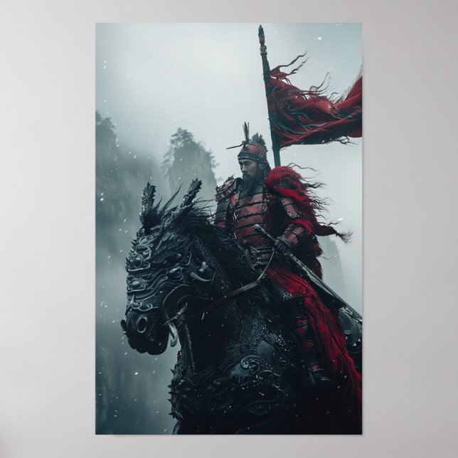 Majestic Red Armored Knight Riding a Qilin Poster (Framsidan)