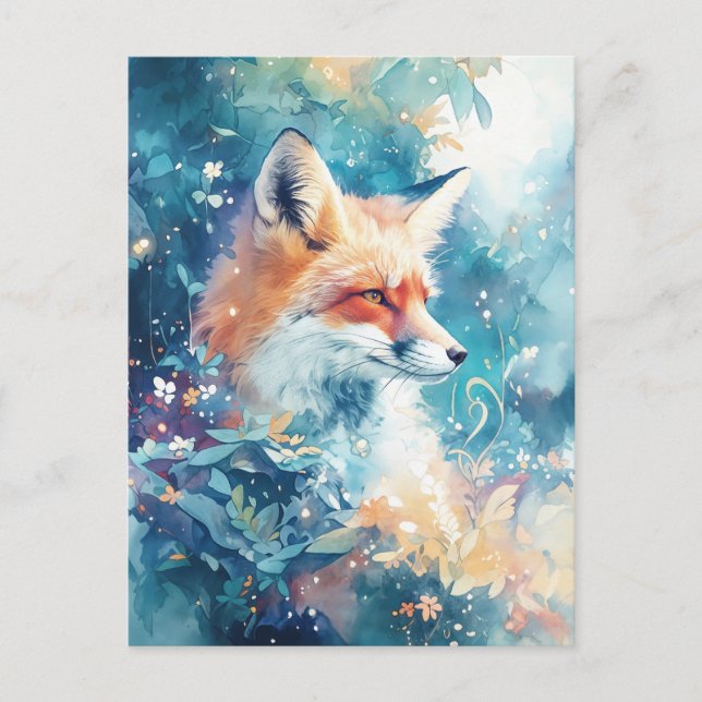 Majestic Red Fox in Teal Botanical Meadow Vykort (Framsida)
