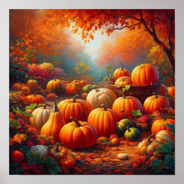 Majestic Red Pumpkin Forest Enchanted Jungle Scene Poster (Framsidan)