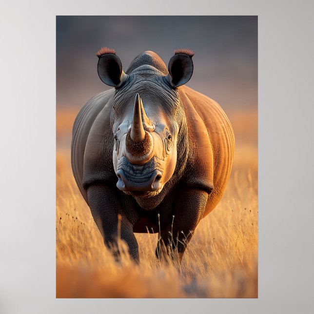 Majestic Rhino in Golden Grasslands Poster (Framsidan)