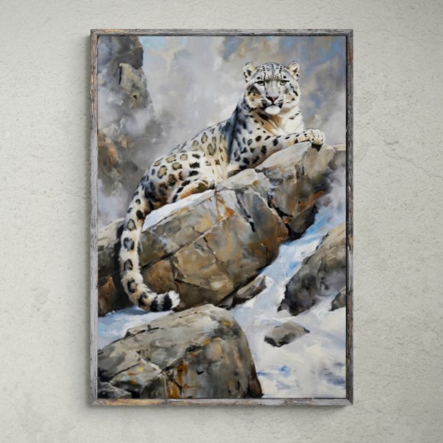 Majestic Sentinel: Snö Leopard på Sten - Målning Poster (Skapare uppladdad)
