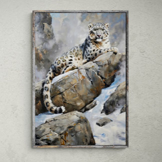 Majestic Sentinel: Snö Leopard på Sten - Målning Poster