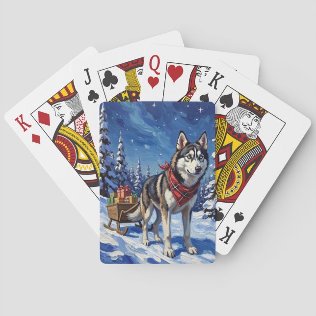 Majestic Siberian Husky Pulling Christmas Sled Casinokort (Baksidan)