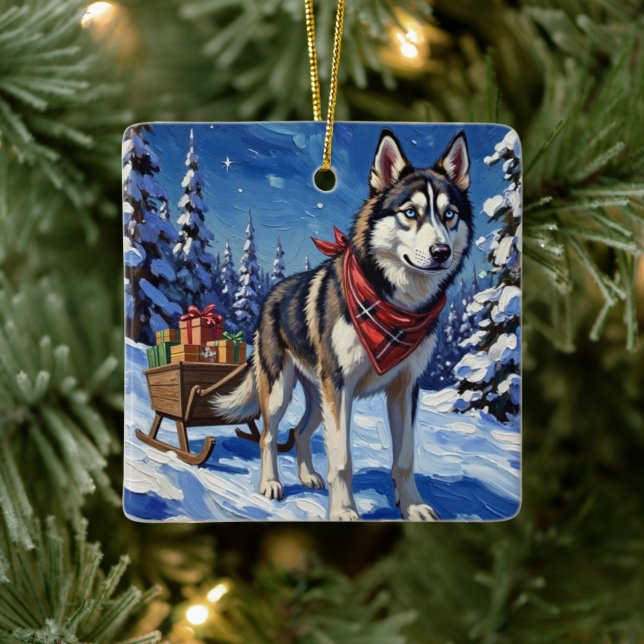 Majestic Siberian Husky Pulling Christmas Sled Julgransprydnad Keramik (Träd)