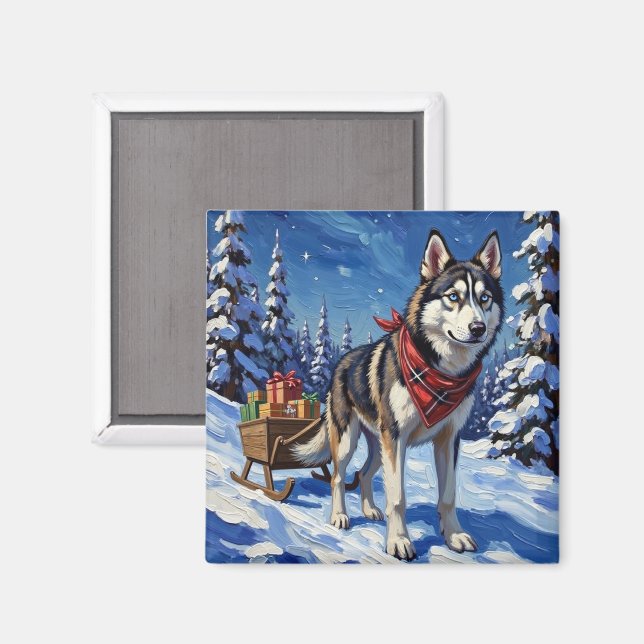 Majestic Siberian Husky Pulling Christmas Sled Magnet (Front/Back)