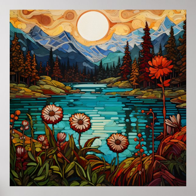 Majestic Snö Peaks och Pristine Alpine Waterscape Poster (Framsidan)