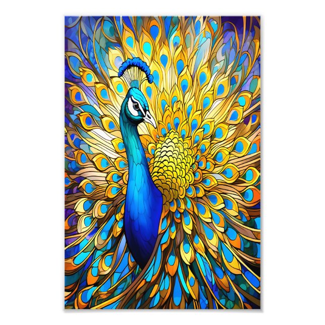 Majestic Stached Glass Peacock Art nouveau Stil Fototryck (Framsidan)