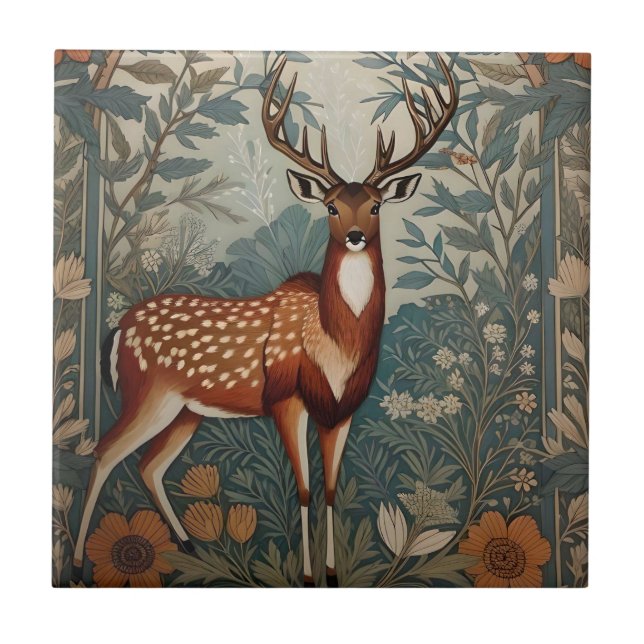 Majestic Stag William Morris Inspired Blommigt Kakelplatta (Framsidan)