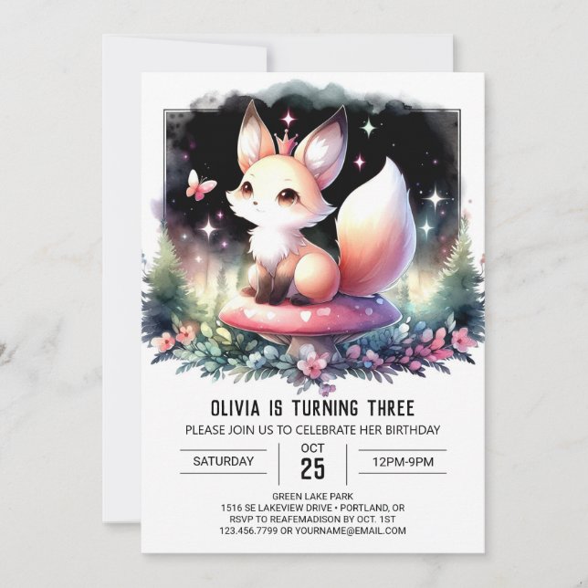 Majestic Sweet Fox Birthday digital Inbjudningar (Framsida)