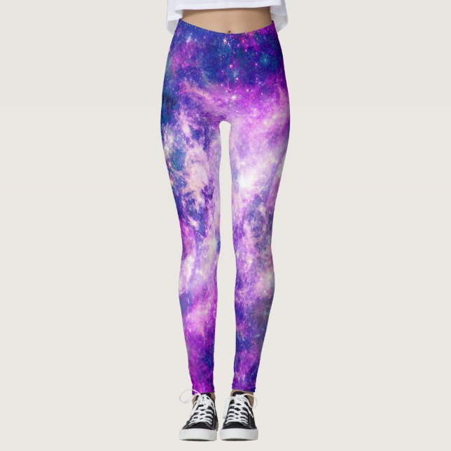 Majestic Teal Lila Starry Space Nebula Leggings (Framsida)