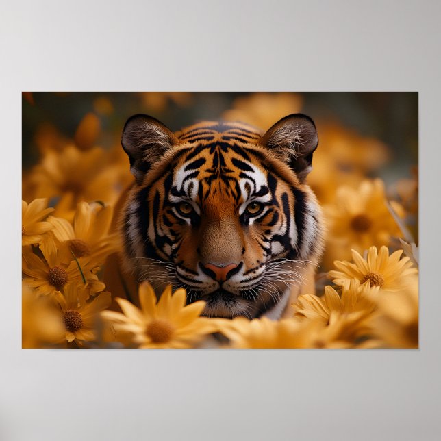 Majestic Tiger Amid Golden Blooms AI-genererad Poster (Framsidan)