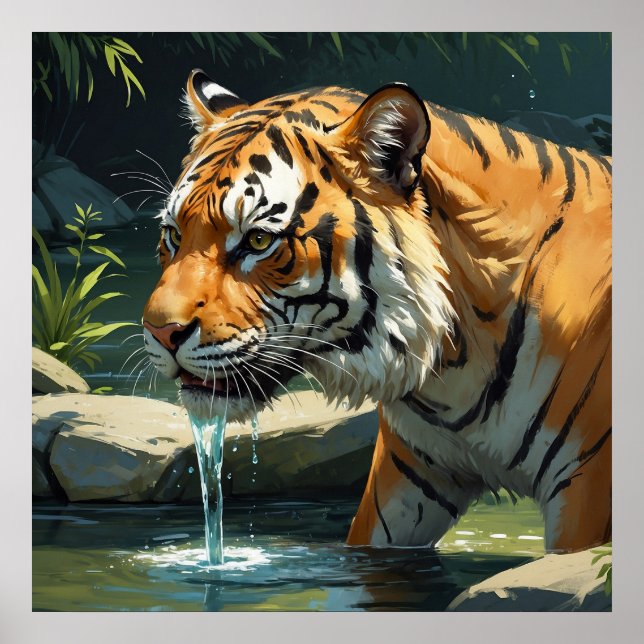 Majestic Tiger Drinking Vatten från River Painting Poster (Framsidan)